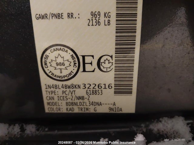 1N4BL4BW8KN322616 Nissan Altima 2.5 S