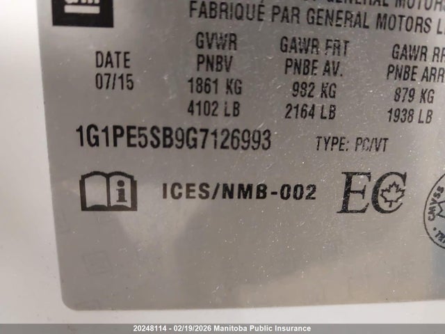 1G1PE5SB9G7126993 Chevrolet Cruze Lt Turbo