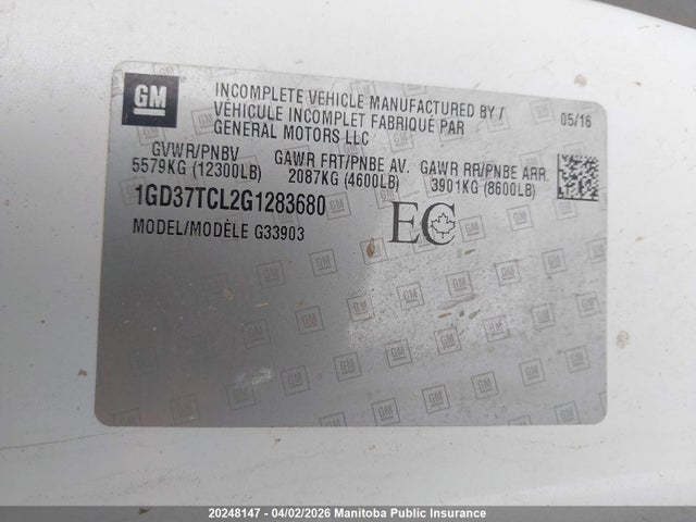 20248147 :رقم المزاد ، 1GD37TCL2G1283680 vin ، 2016 Gmc Savana G3500 Cutaway مزاد بيع