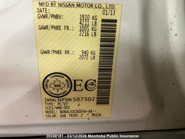 Aukcja sprzedaży 2013 Nissan Altima 2.5 Sl, vin: 1N4AL3AP5DN507502, numer aukcji: 20248181