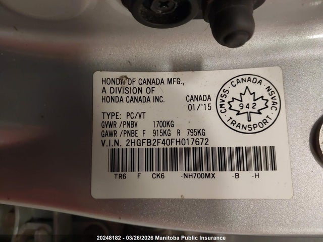 20248182 :رقم المزاد ، 2HGFB2F40FH017672 vin ، 2015 Honda Civic Lx مزاد بيع