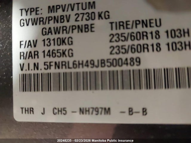 5FNRL6H49JB500489 Honda ODYSSEY EX