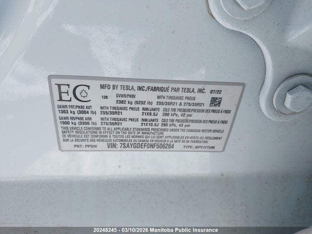 7SAYGDEF0NF506264 Tesla Model Y 75d Performance