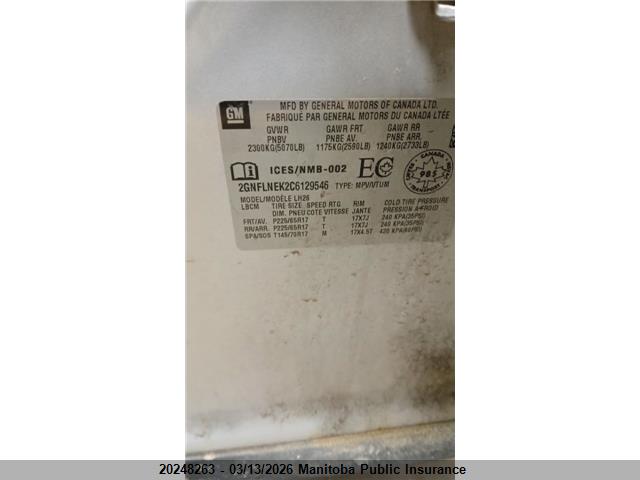 20248263 :رقم المزاد ، 2GNFLNEK2C6129546 vin ، 2012 Chevrolet Equinox Lt مزاد بيع