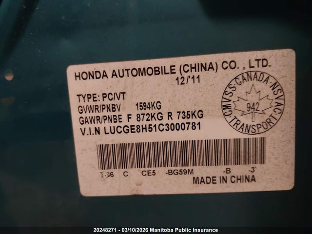 Aukcja sprzedaży 2012 Honda Fit Lx, vin: LUCGE8H51C3000781, numer aukcji: 20248271