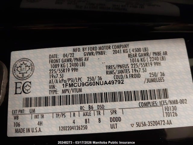 1FMCU9G60NUA49792 Ford ESCAPE SE