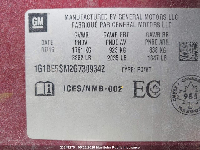 Продажа на аукционе авто 2016 Chevrolet Cruze Lt Turbo, vin: 1G1BE5SM2G7309342, номер лота: 20248275