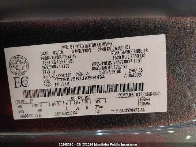2018 Ford F150 Xlt Supercab მანქანა იყიდება აუქციონზე, vin: 1FTEX1EB7JKE04484, აუქციონის ნომერი: 20248290