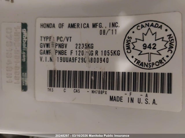 Aukcja sprzedaży 2012 Acura Tl, vin: 19UUA9F29CA800940, numer aukcji: 20248297
