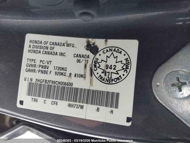 Aukcja sprzedaży 2012 Honda Civic Ex-l, vin: 2HGFB2F99CH006600, numer aukcji: 20248303