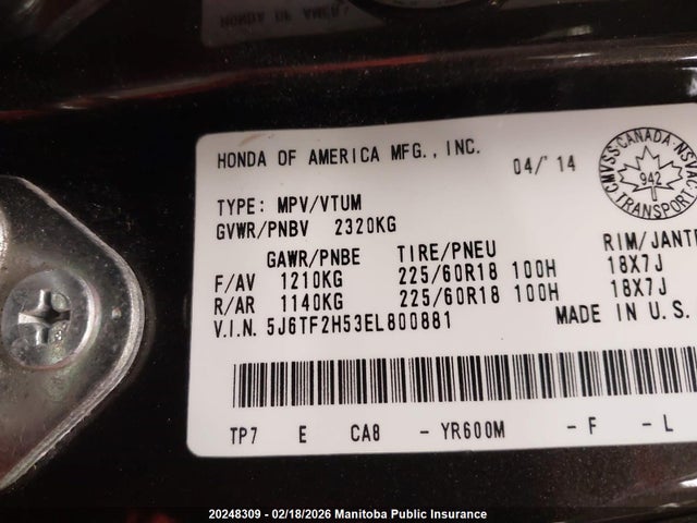 5J6TF2H53EL800881 Honda Crosstour Ex-l V6