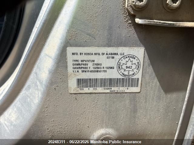 20248311 :رقم المزاد ، 5FNYF48509B501705 vin ، 2009 Honda Pilot Ex-l مزاد بيع
