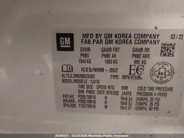 KL7CJLSM6NB529392 Chevrolet Trax Lt