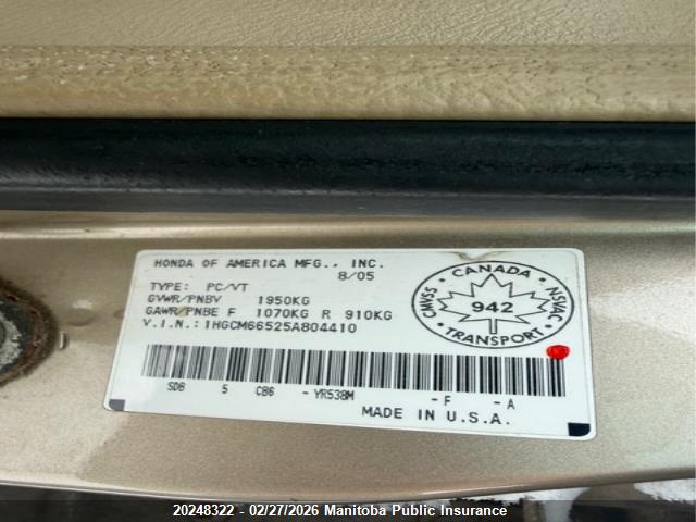 Aukcja sprzedaży 2005 Honda Accord Ex-v6, vin: 1HGCM66525A804410, numer aukcji: 20248322