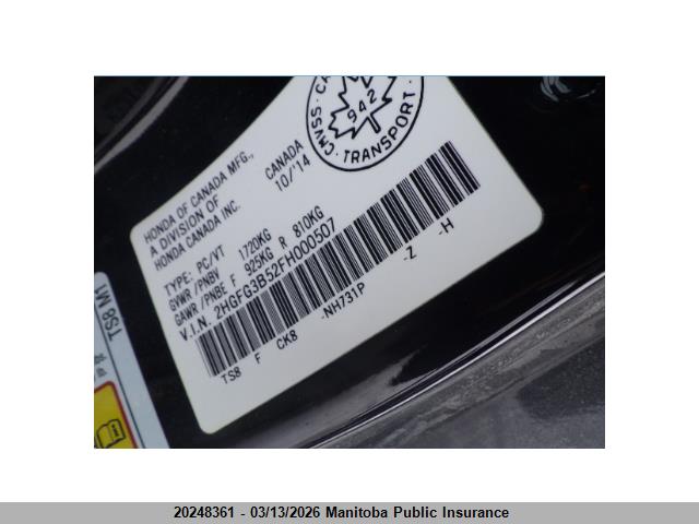 2HGFG3B52FH000507 Honda CIVIC EX