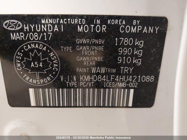 KMHD84LF4HU421088 Hyundai ELANTRA GL