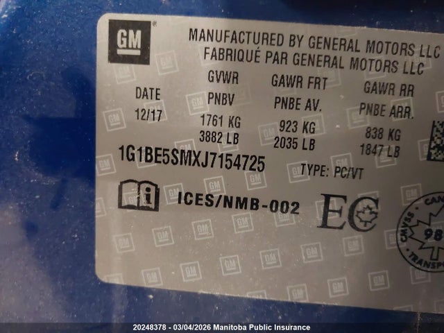 1G1BE5SMXJ7154725 Chevrolet Cruze Lt Turbo