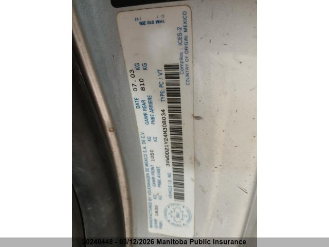 Продажа на аукционе авто 2004 Volkswagen New Beetle Glx Turbo, vin: 3VWDD21Y24M308034, номер лота: 20248448