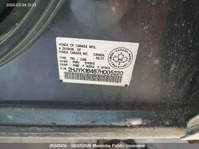 Продаж на аукціоні авто 2007 Honda Ridgeline Lx, vin: 2HJYK16467H005220, номер лоту: 20248456