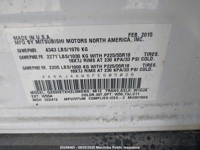 2015 Mitsubishi Rvr Gt მანქანა იყიდება აუქციონზე, vin: 4A4AJ4AW6FE605026, აუქციონის ნომერი: 20248465
