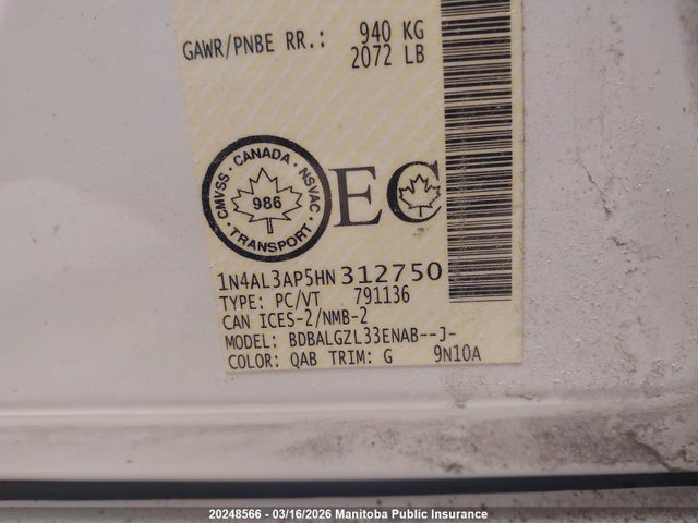 1N4AL3AP5HN312750 Nissan Altima 2.5 Sl