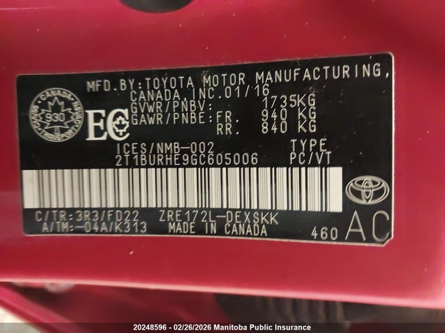 Toyota Corolla S 2016 2T1BURHE9GC605006 Image 9