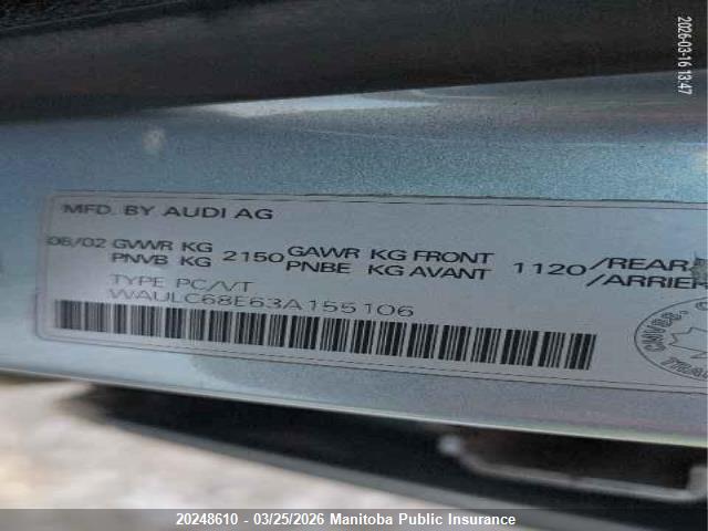 20248610 :رقم المزاد ، WAULC68E63A155106 vin ، 2003 Audi A4 1.8t Quattro مزاد بيع