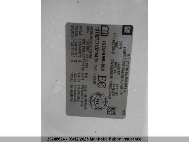 Aukcja sprzedaży 2013 Gmc Sierra 1500 Wt Ext Cab, vin: 1GTR2TE74DZ194154, numer aukcji: 20248624
