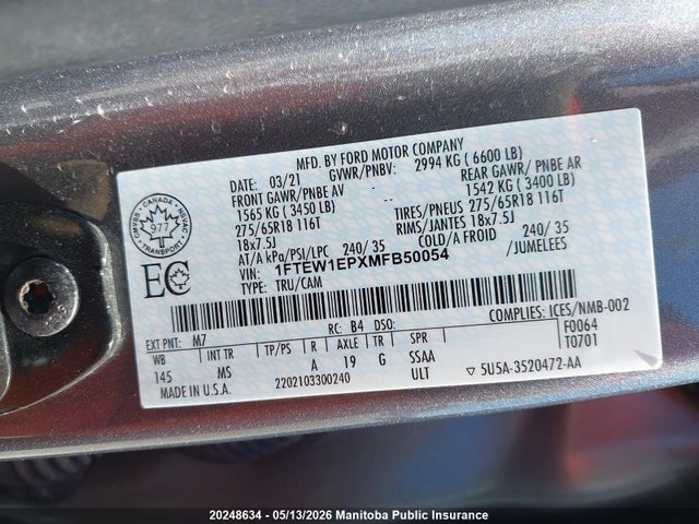 Продажа на аукционе авто 2021 Ford F150 Xlt Supercrew, vin: 1FTEW1EPXMFB50054, номер лота: 20248634