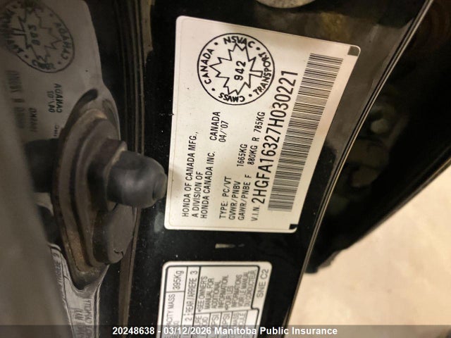 Aukcja sprzedaży 2007 Honda Civic Dx-g, vin: 2HGFA16327H030221, numer aukcji: 20248638