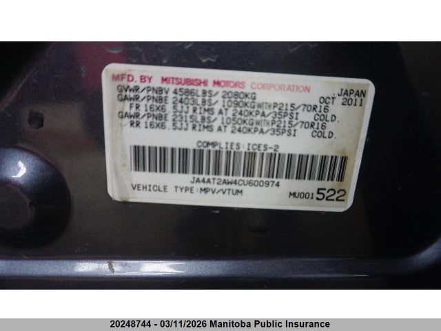 Продаж на аукціоні авто 2012 Mitsubishi Outlander Es, vin: JA4AT2AW4CU600974, номер лоту: 20248744