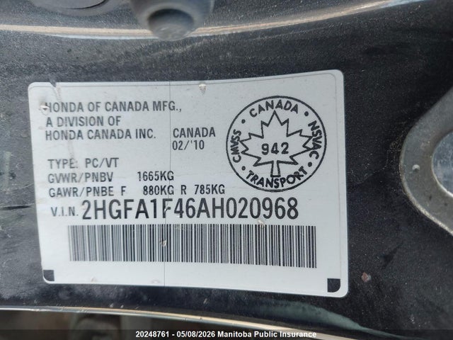 Продажа на аукционе авто 2010 Honda Civic Dx-g, vin: 2HGFA1F46AH020968, номер лота: 20248761