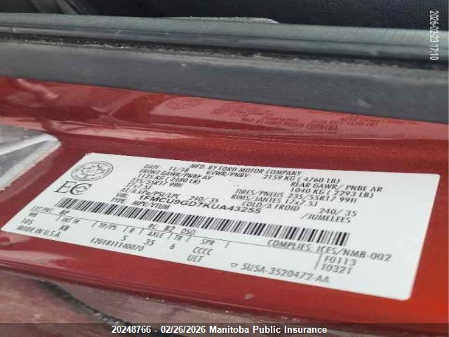 1FMCU9GD7KUA43255 Ford ESCAPE SE
