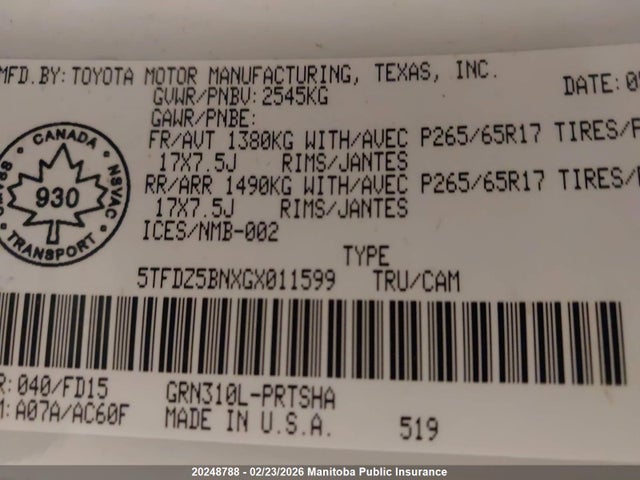 5TFDZ5BNXGX011599 Toyota Tacoma Double Cab V6