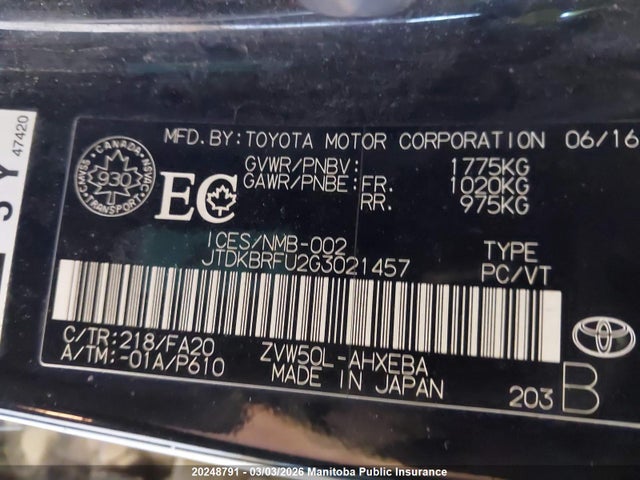 JTDKBRFU2G3021457 Toyota Prius