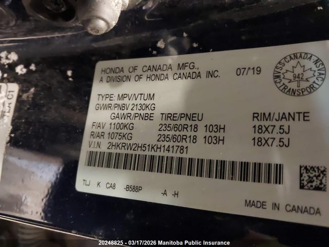 Продаж на аукціоні авто 2019 Honda Cr-v Ex, vin: 2HKRW2H51KH141781, номер лоту: 20248825