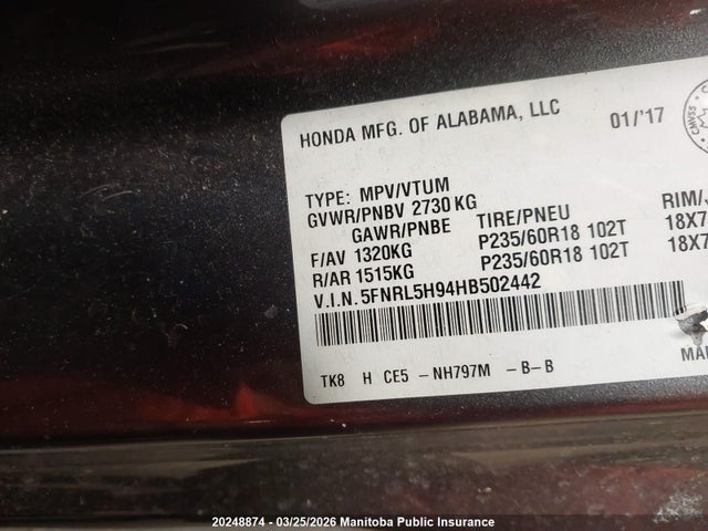 5FNRL5H94HB502442 Honda Odyssey Touring