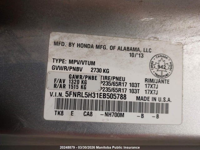 2014 Honda Odyssey Se მანქანა იყიდება აუქციონზე, vin: 5FNRL5H31EB505788, აუქციონის ნომერი: 20248879