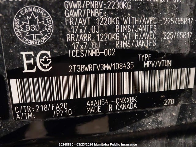 Aukcja sprzedaży 2021 Toyota Rav4 Le Hybrid, vin: 2T3BWRFV3MW108435, numer aukcji: 20248880