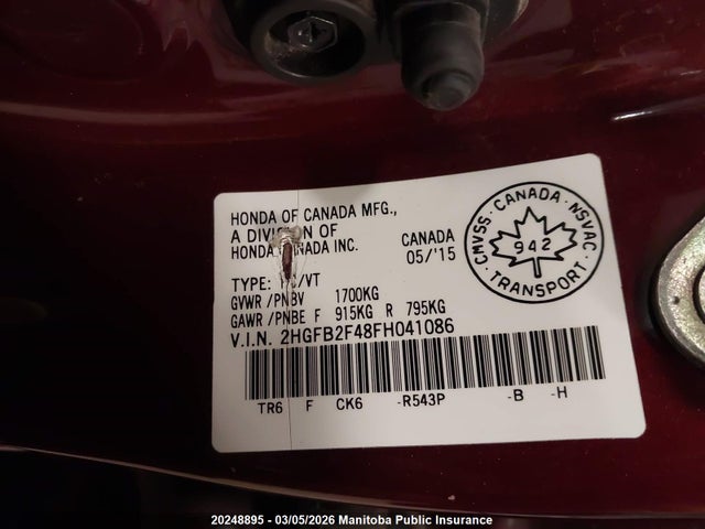 Aukcja sprzedaży 2015 Honda Civic Lx, vin: 2HGFB2F48FH041086, numer aukcji: 20248895