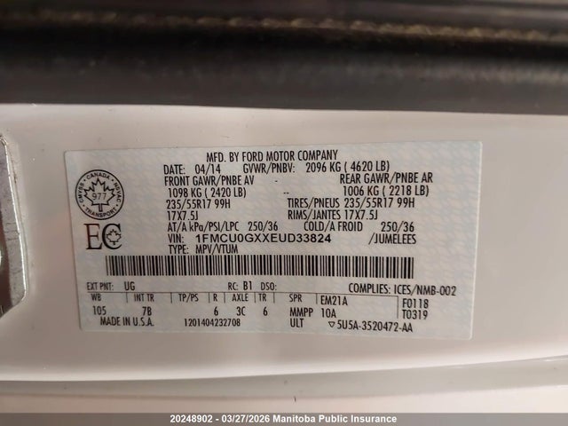 20248902 :رقم المزاد ، 1FMCU0GXXEUD33824 vin ، 2014 Ford Escape Se مزاد بيع