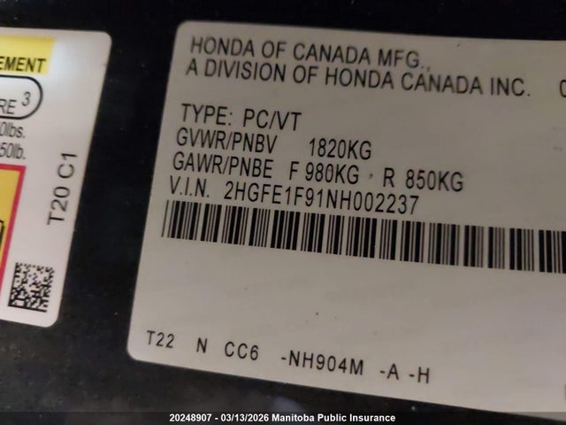 Продаж на аукціоні авто 2022 Honda Civic Touring, vin: 2HGFE1F91NH002237, номер лоту: 20248907