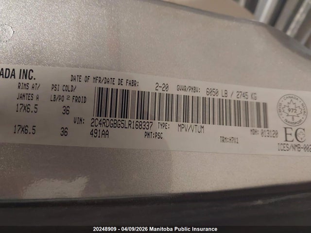 Продаж на аукціоні авто 2020 Dodge Grand Caravan Se, vin: 2C4RDGBG5LR168337, номер лоту: 20248909
