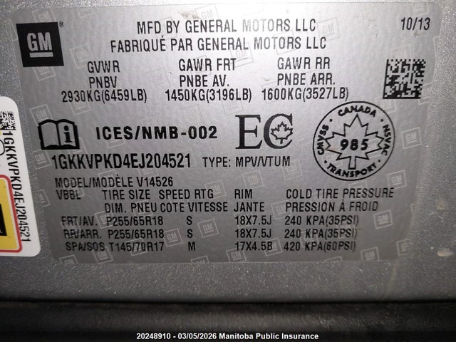 1GKKVPKD4EJ204521 GMC ACADIA SLE