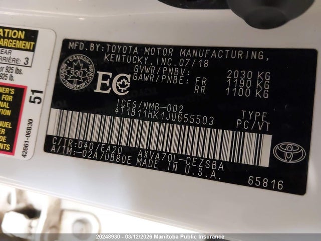 4T1B11HK1JU655503 Toyota CAMRY SE