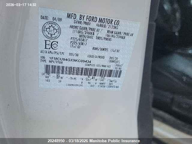 Aukcja sprzedaży 2009 Ford Escape Limited V6, vin: 1FMCU94GX9KC09434, numer aukcji: 20248950