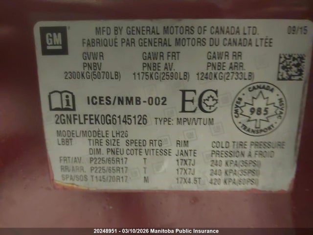 20248951 :رقم المزاد ، 2GNFLFEK0G6145126 vin ، 2016 Chevrolet Equinox Lt مزاد بيع