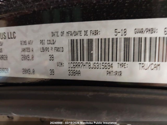 Aukcja sprzedaży 2018 Dodge Ram 1500 St Quad Cab, vin: 1C6RR7HT8JS315694, numer aukcji: 20248988