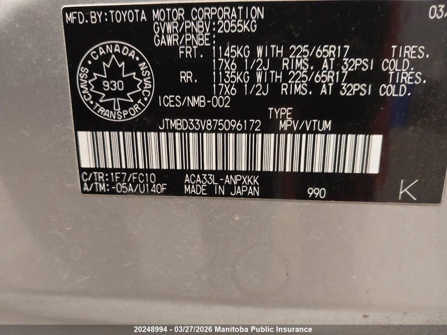 Aukcja sprzedaży 2007 Toyota Rav4, vin: JTMBD33V875096172, numer aukcji: 20248994
