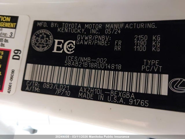 Lexus ES 300H 2024 58AB21B18RU014818 Image 9